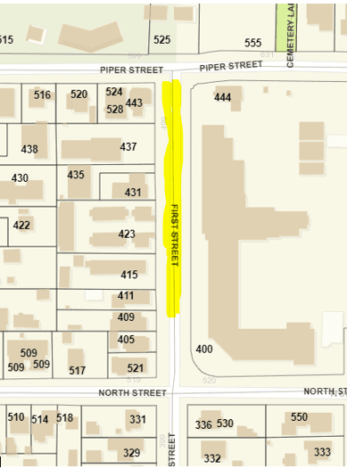 first street - north of north street and south of piper street